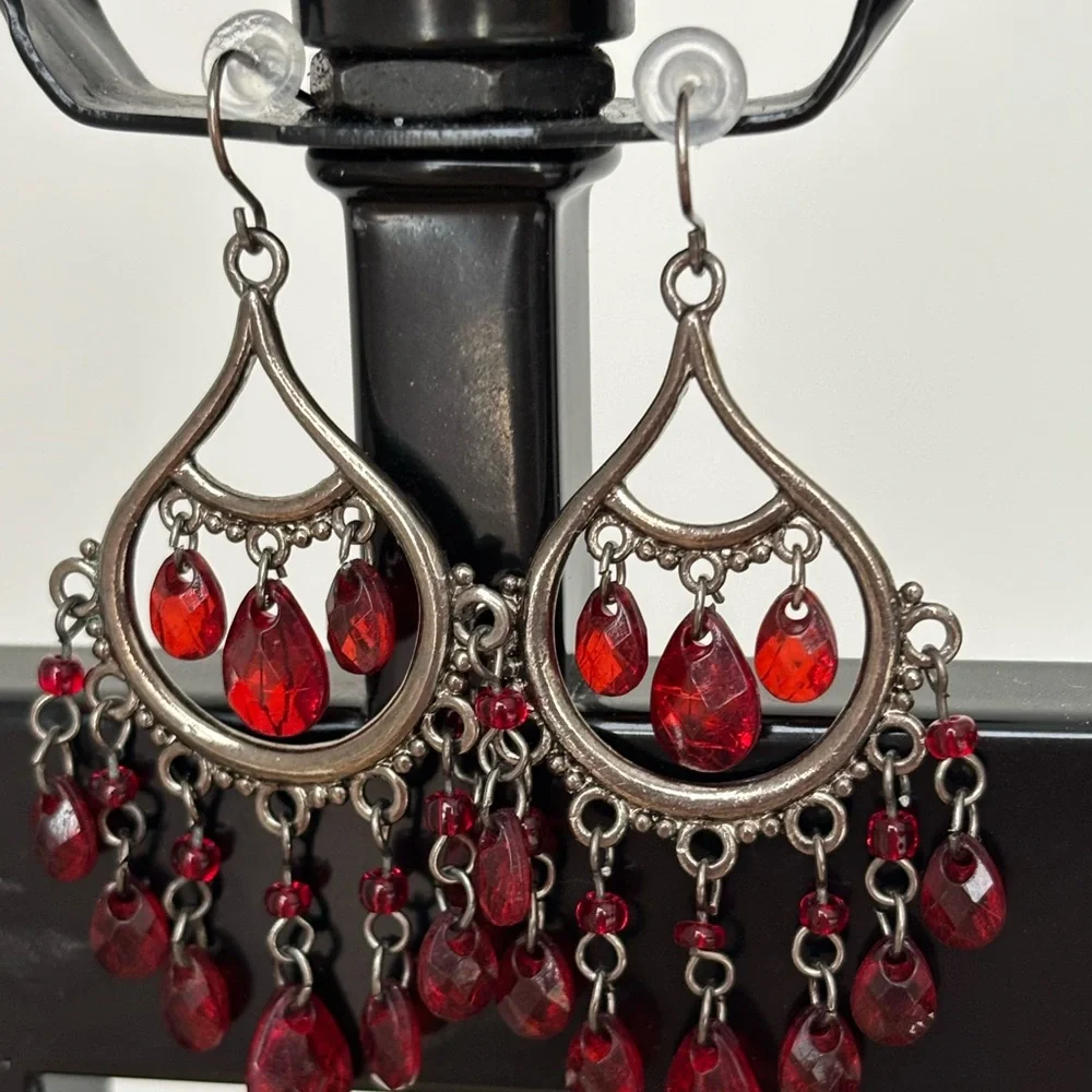 Crimson Red Chandelier Earrings with Teardrop Beads / silver tone wires - Picture 7 of 7